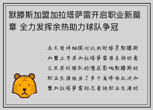 默滕斯加盟加拉塔萨雷开启职业新篇章 全力发挥余热助力球队争冠
